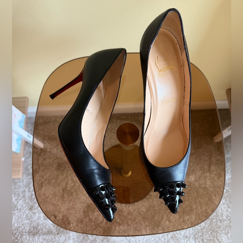 Christian Louboutin Follies Geo Spikes Pumps – Black Leather, Size 37